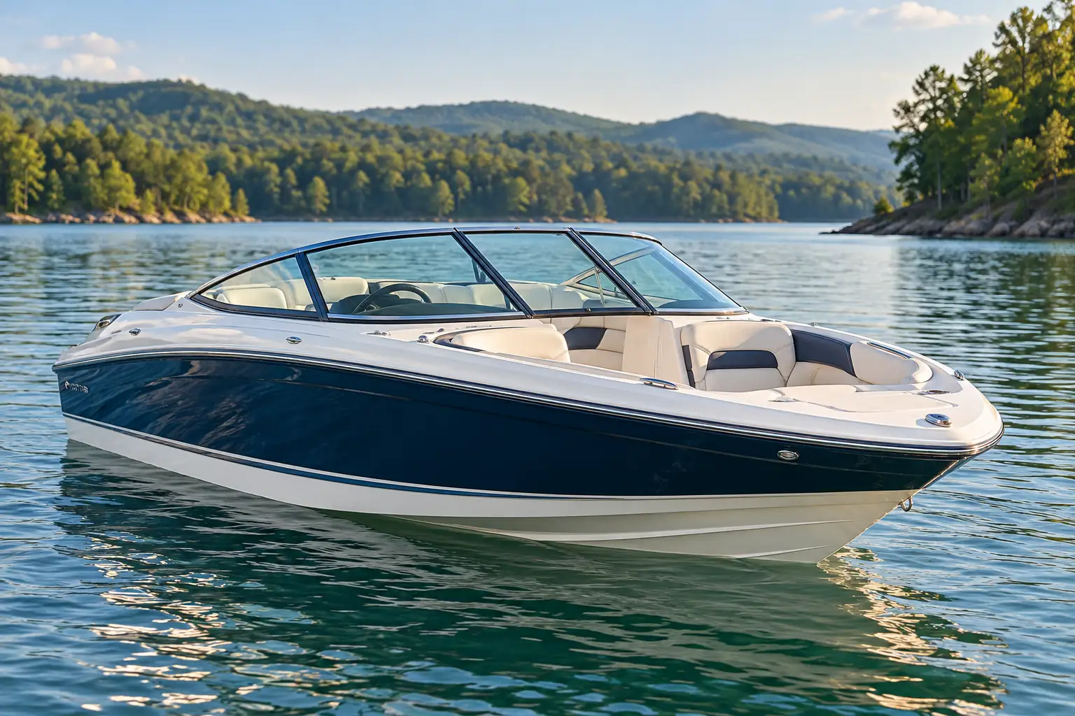 Recreational bowrider boat on calm lake water