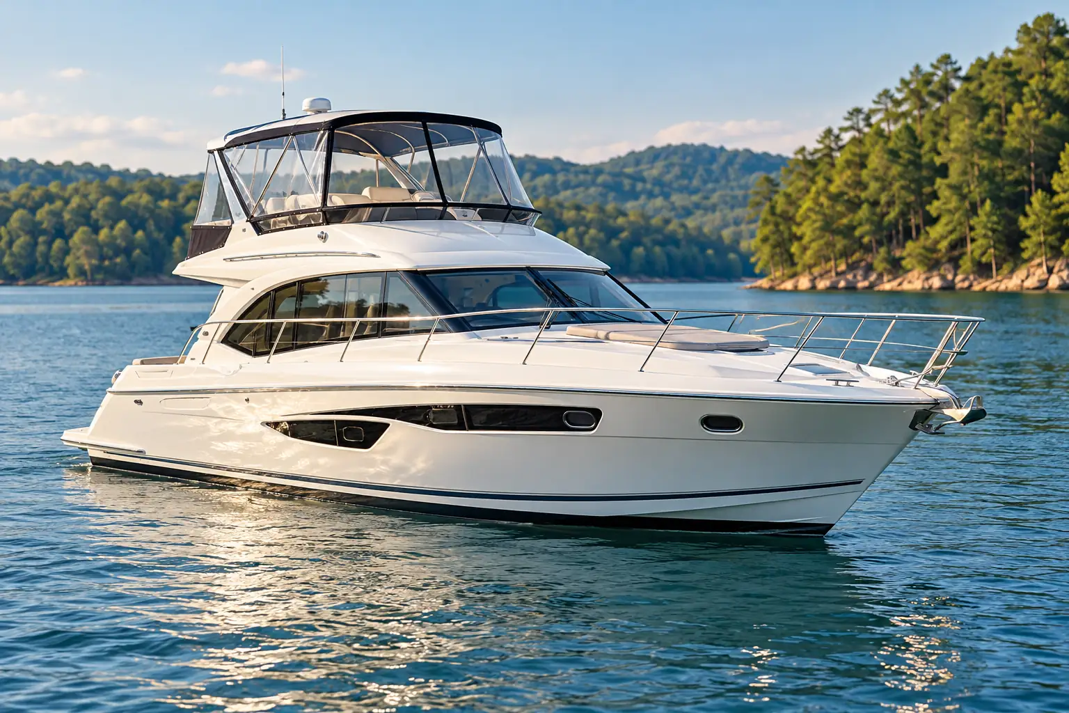 White cabin cruiser on a wooded lake