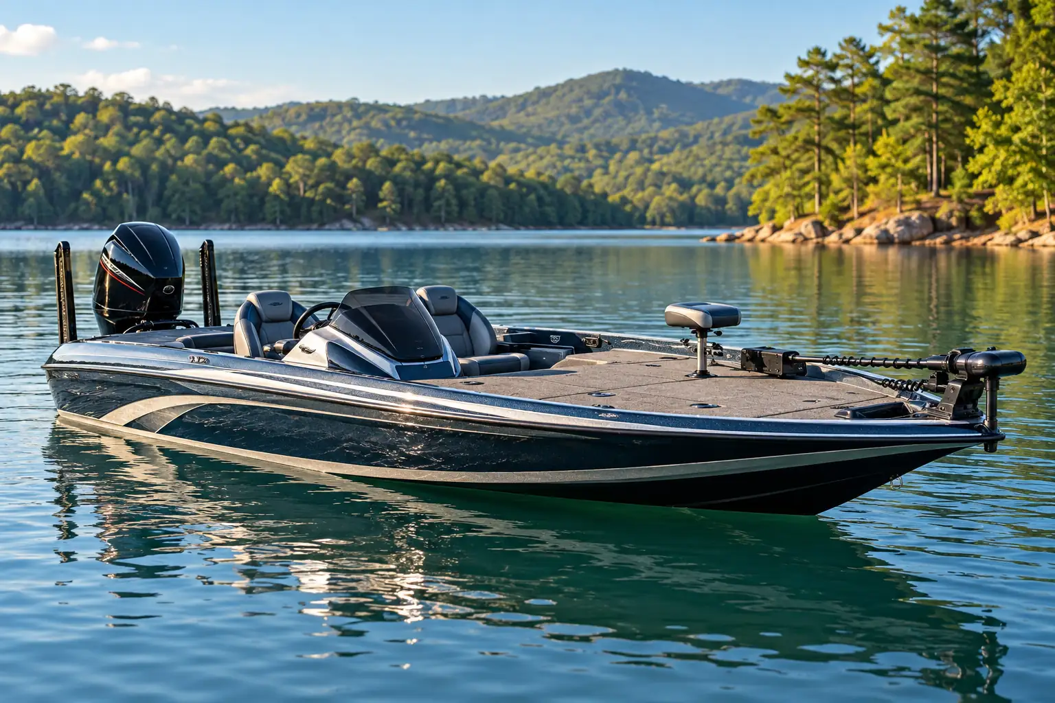 Bass fishing boat with outboard and trolling motor