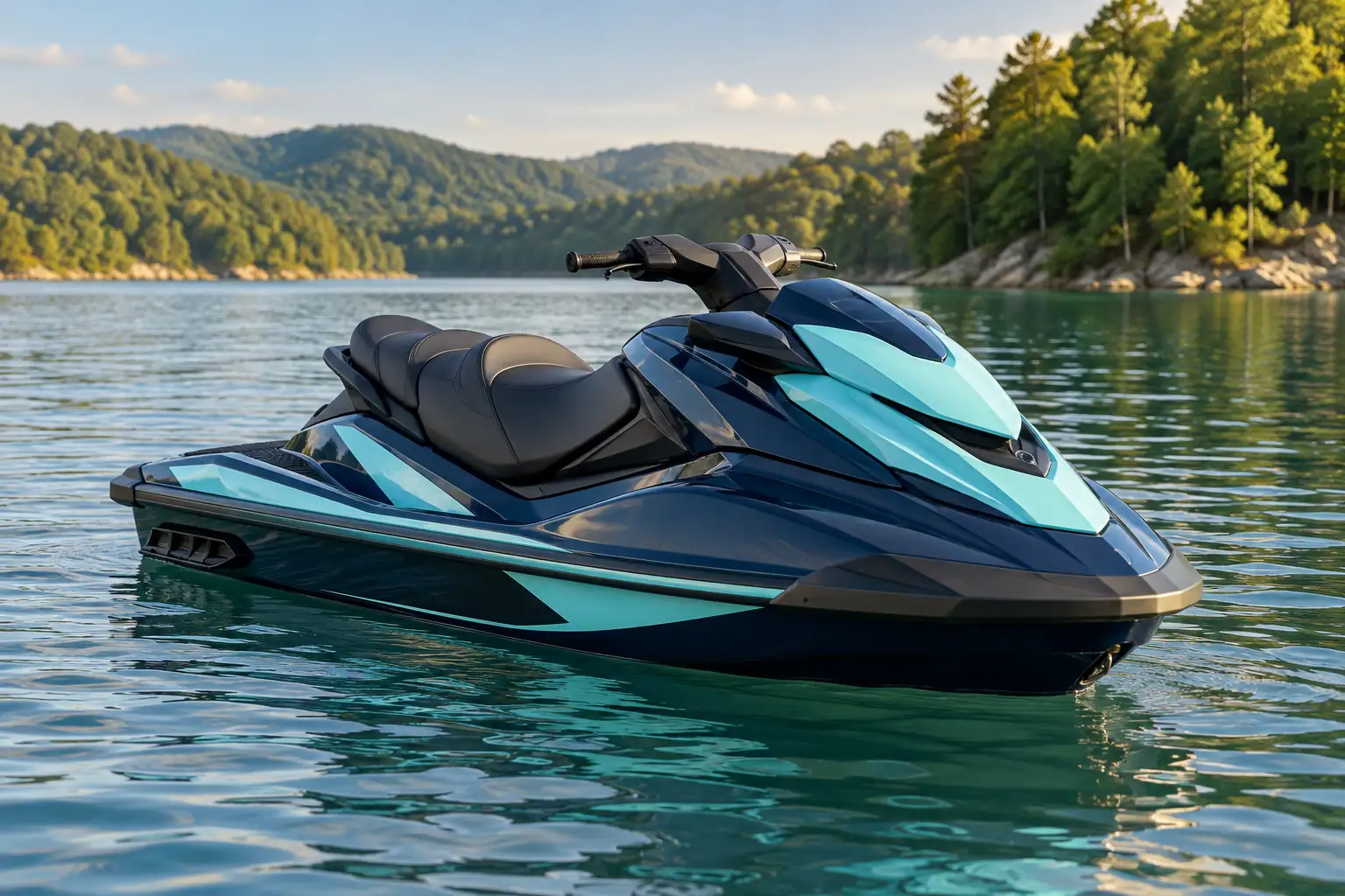 Navy and aqua personal watercraft on the water