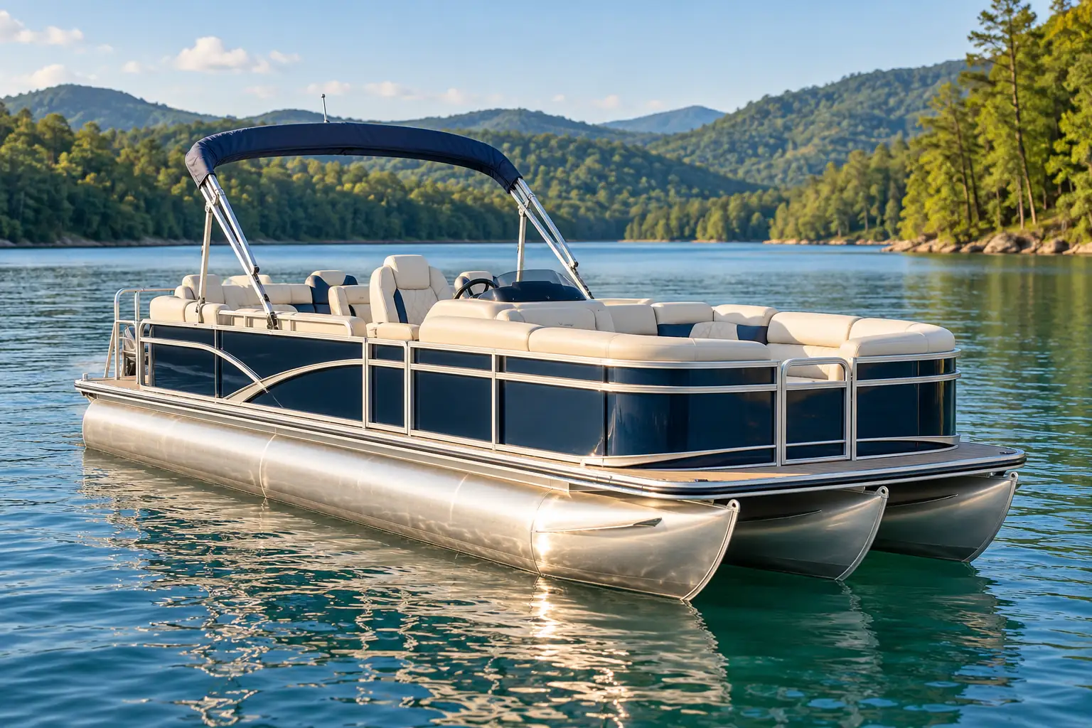 Pontoon boat with canopy on calm lake water