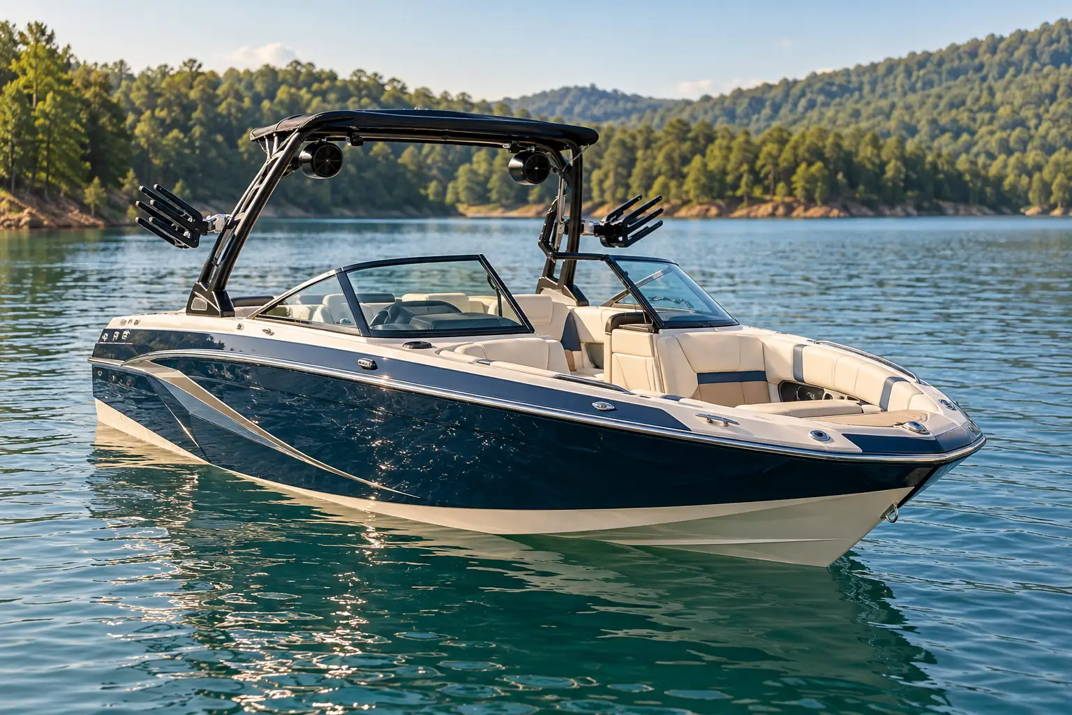 Wake and ski boat with a wakeboard tower